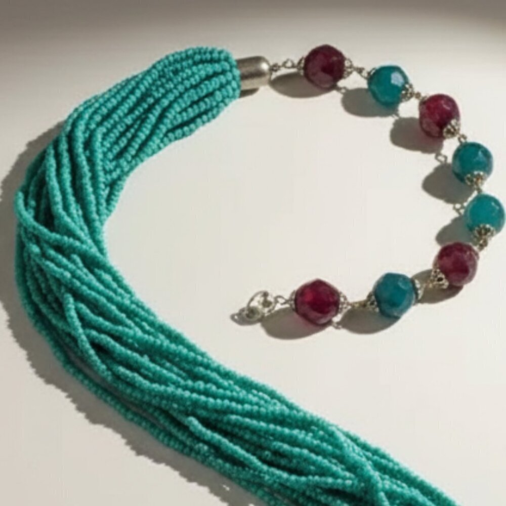Seed bead multi strand necklace beach cruise necklace purple turquoise
